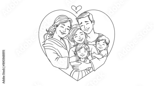 A heartwarming black and white line drawing of a happy family of five, embracing inside a heart shape, symbolizing love and togetherness.