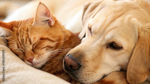Wallpaper Mural Cute Orange Tabby Cat and Yellow Labrador Dog Cuddling and Sleeping Peacefully Together Torontodigital.ca