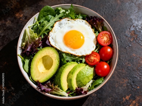 A healthy salad bowl with avocado and fried eggs