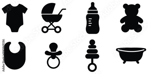 Baby care silhouette set, Infant essentials icon pack, Newborn items symbol collection