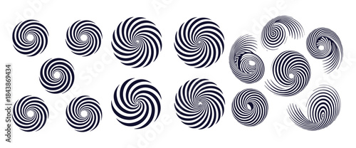 Set of spiral motion elements, different shapes of black and white hypnotizing patterns