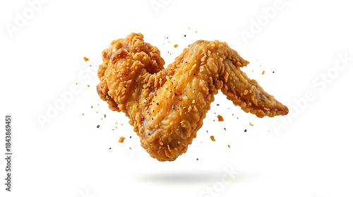 Isolated fried chickens -  chicken wing piece floating on pure white background, crispy textured coating, golden brown color, subtle crumbs.