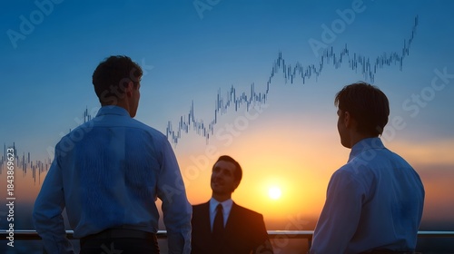 Business professionals observing an upward trending market graph against a vibrant sunset sky symbolizing growth and opport