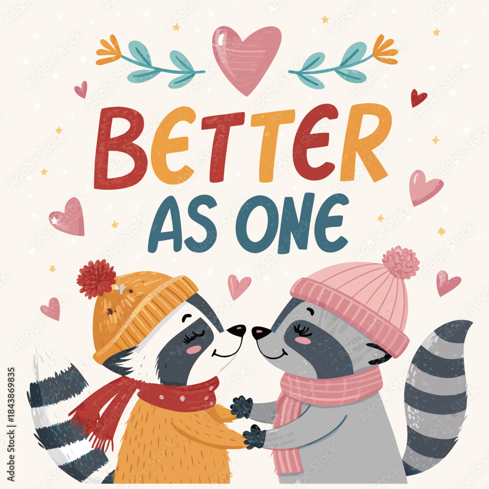 Naklejka premium Better as One: Adorable raccoons embrace, celebrating unity and love with a heartwarming design that expresses the profound idea of unity.