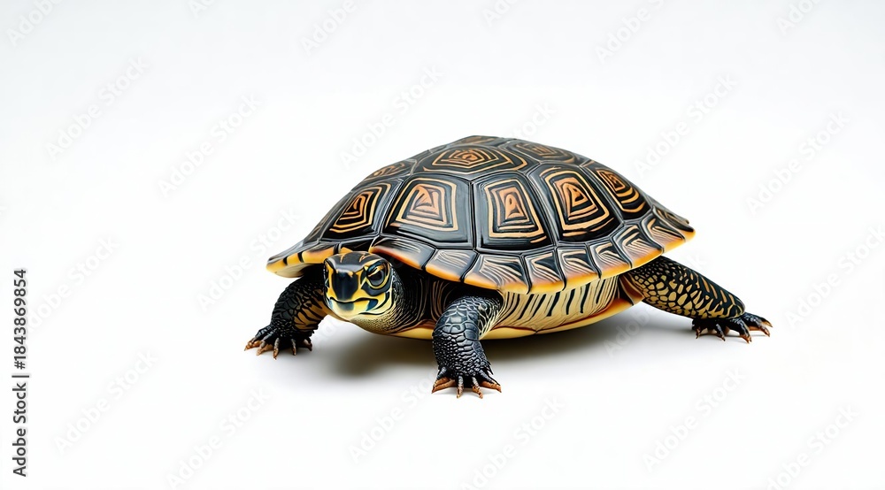 Obraz premium A tortoise, a reptile, isolated on a white background. Close-up of the shell and head. For topics related to nature, science, and animals.