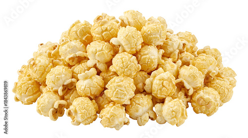 Isolated popcorn cluster without bowl or bucket, arranged as a fluffy pile, pure white background, light golden butter coating, natural popcorn texture, subtle buttery sheen.