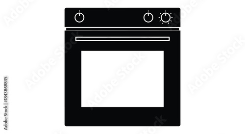 A simple black silhouette depiction of a modern kitchen oven with control knobs silhouette