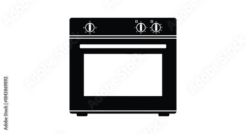 A black and white illustration of a modern kitchen oven depicted as a strong silhouette