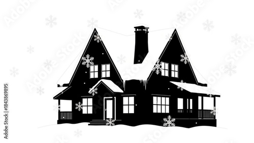 Black silhouette of a snow covered house with a chimney and snowflakes