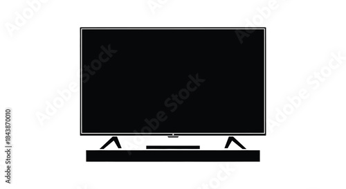 A simple black television set with stand is prominently displayed against a white background silhouette