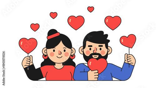A happy cartoon couple holding red heart shapes with more hearts floating around them, symbolizing love and affection.