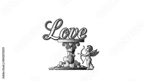 An ornate pedestal with the word "Love" above it, surrounded by hearts and a cherub with a bow and arrow.