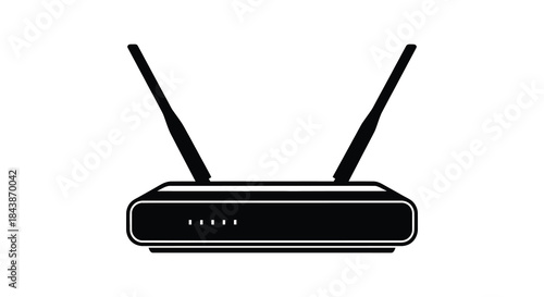 A black wireless router with two antennas displayed in a stark bold silhouette