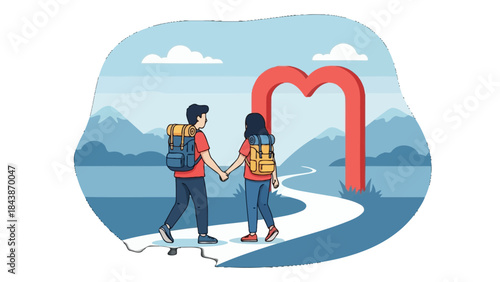 A couple holding hands walks on a path towards a heart-shaped archway, symbolizing love and journey.