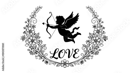A silhouette of Cupid with a bow and arrow, surrounded by a floral wreath, with the word "LOVE" below.