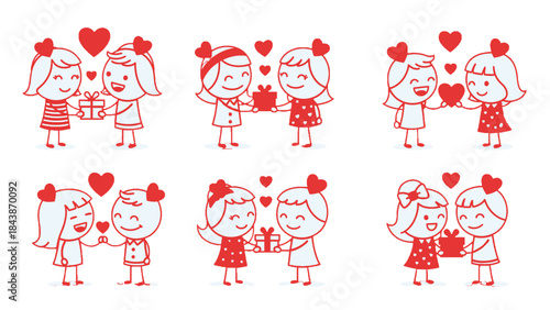 Six illustrations of happy young girls exchanging gifts and hearts, celebrating love and friendship.
