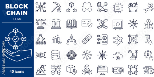 Blockchain Technology Icons Cryptocurrency, Smart Contracts and Decentralized Network Security Symbols