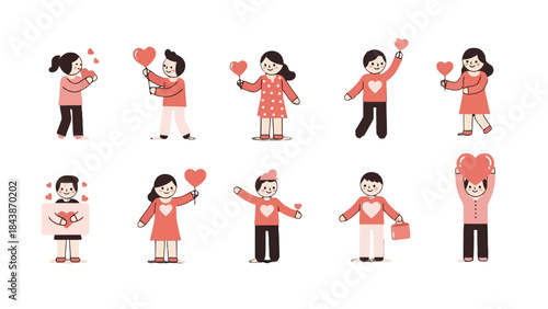 Collection of diverse cartoon children holding red heart shapes, expressing love and affection in various happy poses.
