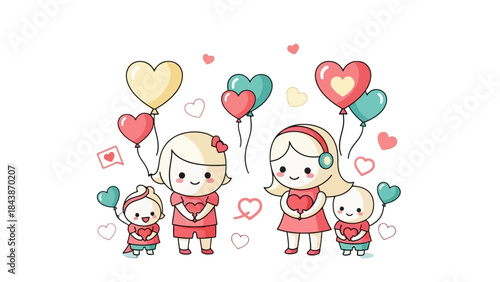 Cute cartoon illustration of two families celebrating with heart balloons and love symbols.