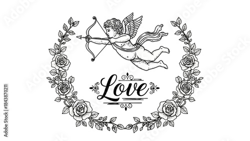 A vintage illustration of a cherub aiming a bow and arrow at the word "Love" surrounded by a floral wreath of roses.