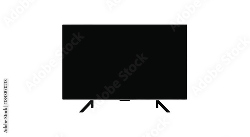a black rectangular television set with stand is displayed prominently in a minimalist silhouette