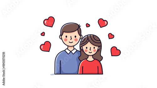 A charming illustration of a happy couple surrounded by floating red hearts, symbolizing love and affection.