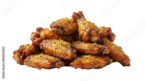 Isolated stacked chicken wings without plate, arranged in a natural pile, pure white background, dry lemon pepper seasoning visible.