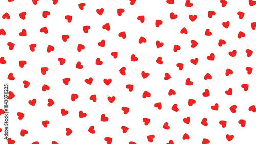 A vibrant pattern of numerous small red hearts scattered randomly across a clean white background, symbolizing love and affection.