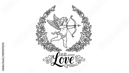 Black and white illustration of a cupid with bow and arrow inside a rose wreath, with the word "Love" below.