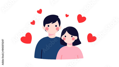 A loving couple is depicted with red hearts floating around them, symbolizing affection and romance.