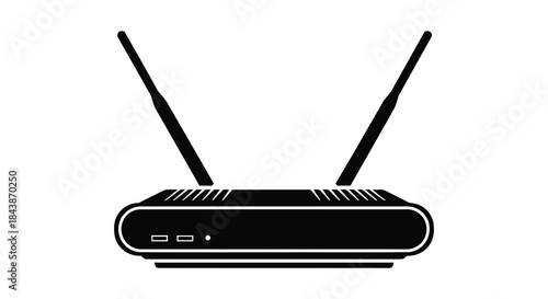 A simple black wireless router icon with two antennas a modern communication device silhouette