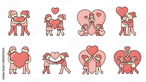 Set of eight cute illustrations depicting pairs of people sharing and holding hearts, symbolizing love and connection in a simple, graphic style.