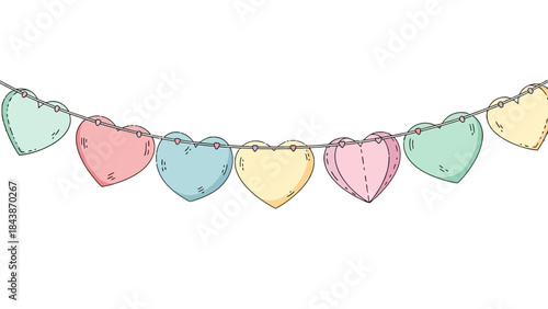 A string of pastel-colored heart-shaped pennants strung together on a thin wire against a white background.