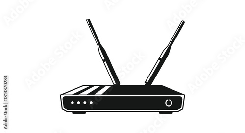 A striking black and white illustration of a wireless router depicted as a silhouette