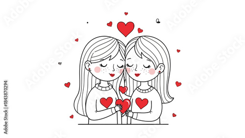Two cartoon girls with closed eyes and smiles, holding a heart, surrounded by floating red hearts, symbolizing love and affection.