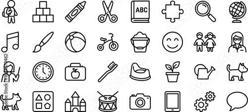 Black outline icons representing essential preschool abilities development milestones and early childhood learning tools