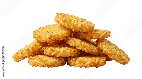 Isolated stacked crispy hash browns without plate, layered naturally, pure white background, golden shredded potato texture, light cheese powder seasoning on surface.