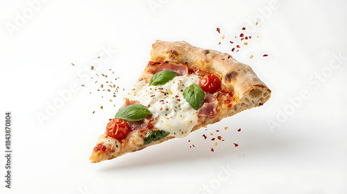 Isolated pizza slice on pure white background, gourmet style, hand-torn edges, oregano and chili flakes suspended around the slice