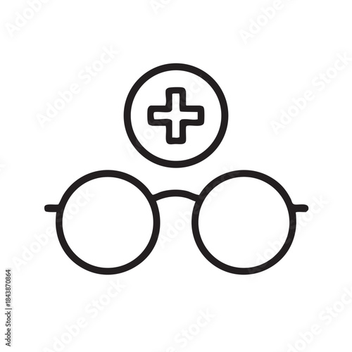A simple black and white line drawing depicts a medical professional with glasses and a plus sign