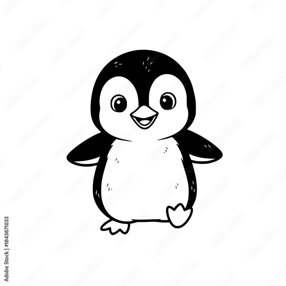 Obraz premium Waddling Penguin Line Art. Black and White Vector Icon for Kids' Logo, Arctic Animal Mascot, Cute/Cold Symbol, or Baby Apparel/Winter/Educational Branding. Generative ai 
