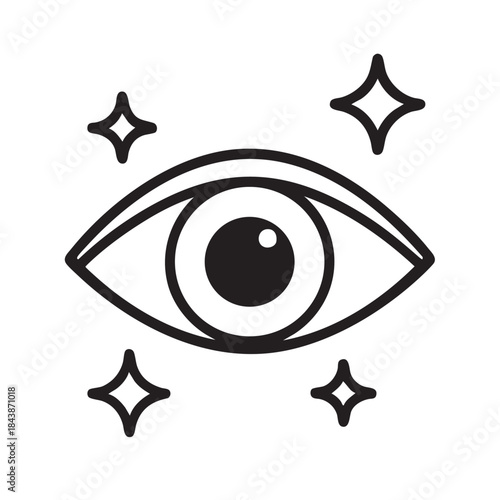 A simple black and white illustration of an eye surrounded by four sparkling star shapes and detail