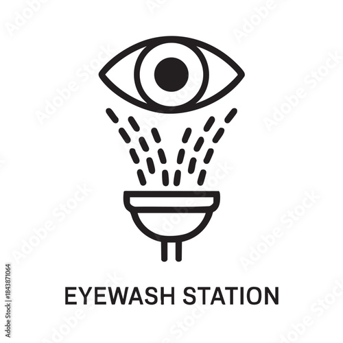 A simple black and white illustration depicts an eyewash station with an eye symbol above it