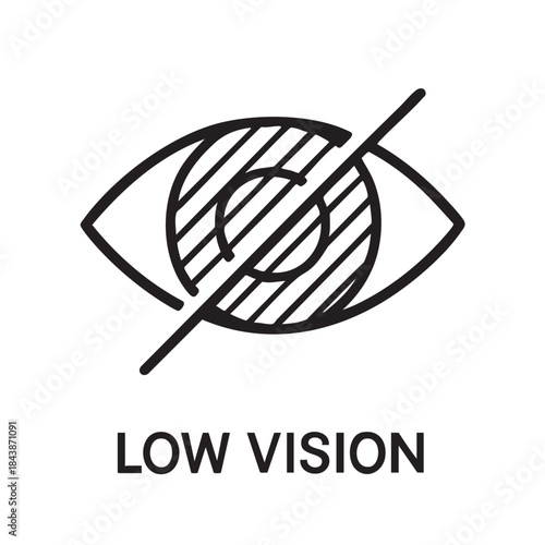 A simplified illustration depicts a blocked eye with the text low vision underneath it indicating impaired sight