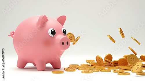 Cute pink piggy bank spilling shiny gold coins on a clean white background, symbolizing savings and finance