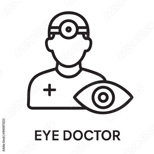 A minimalistic line art illustration depicting an ophthalmologist with a headlamp and a prominent eye symbol