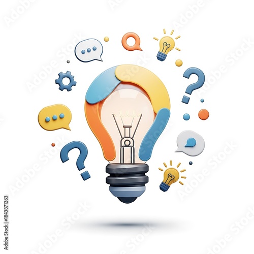 Stunning 3D concept of bright idea generation process surrounded by questions and communication bubbles