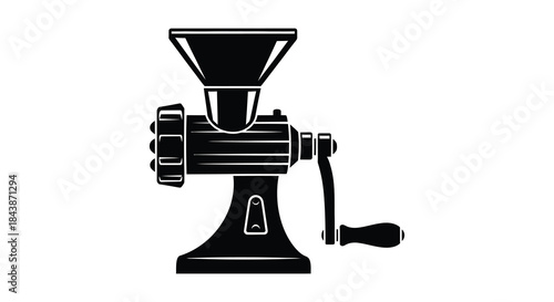 A vintage coffee grinder depicted in a striking black and white silhouette