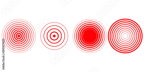 Red concentric ripple circles set. Sonar or sound wave rings collection. Epicentre, target, radar icon concept. Radial signal or vibration elements. Halftone dotted and lined vector illustration