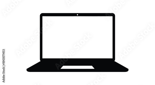 A stark black laptop graphic showing a closed device in a simple silhouette