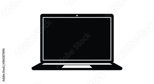 A simple depiction of a modern laptop computer with a black screen in silhouette
